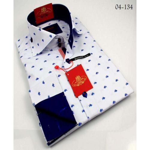 Axxess White / Blue Fish Handpick Stitching 100% Cotton Dress Shirt 04-134